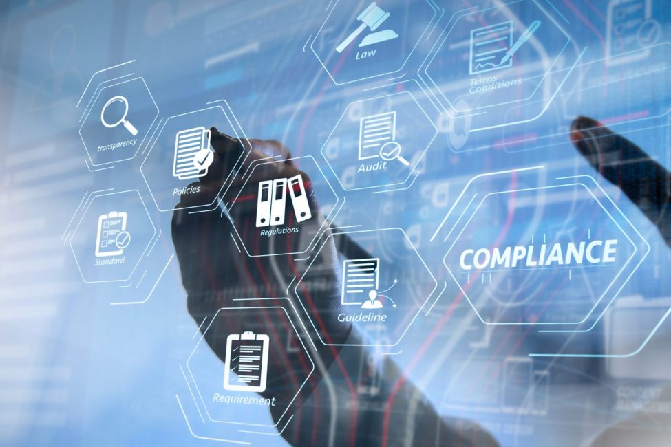 Compliance Virtual Diagram for regulations, law, standards, requirements and audit.co working team meeting concept,businessman using smart phone and digital tablet and laptop computer in modern office NIST Compliance